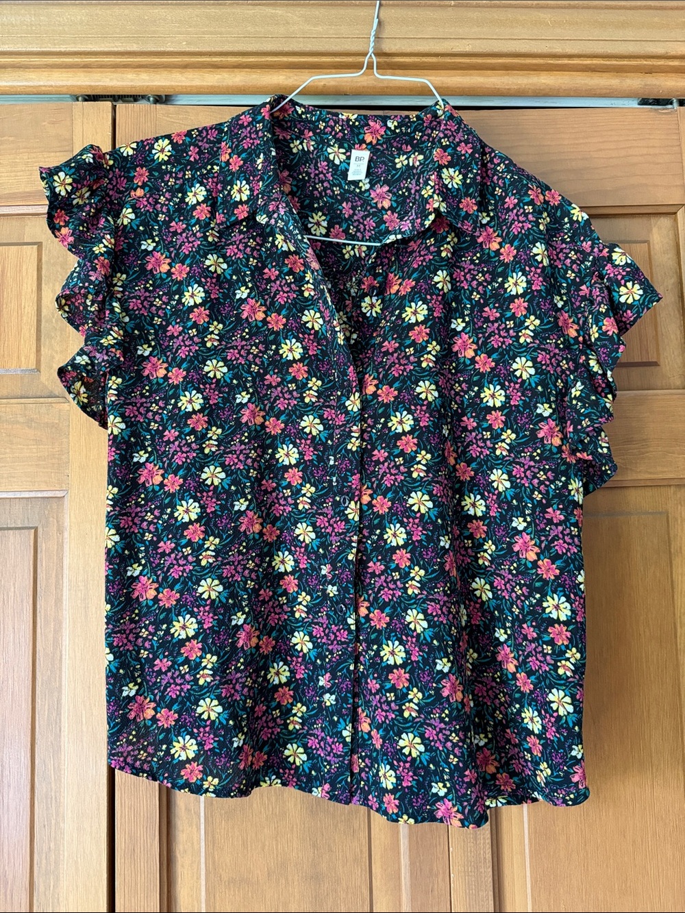 bp Black Floral Ruffle Sleeve Blouse with Pink & Yellow Flowers